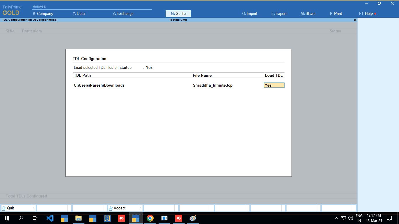 Tally's TDL Configuration window with the path of Shraddha_Infinite.tcp filled in and Load TDL set to Yes.