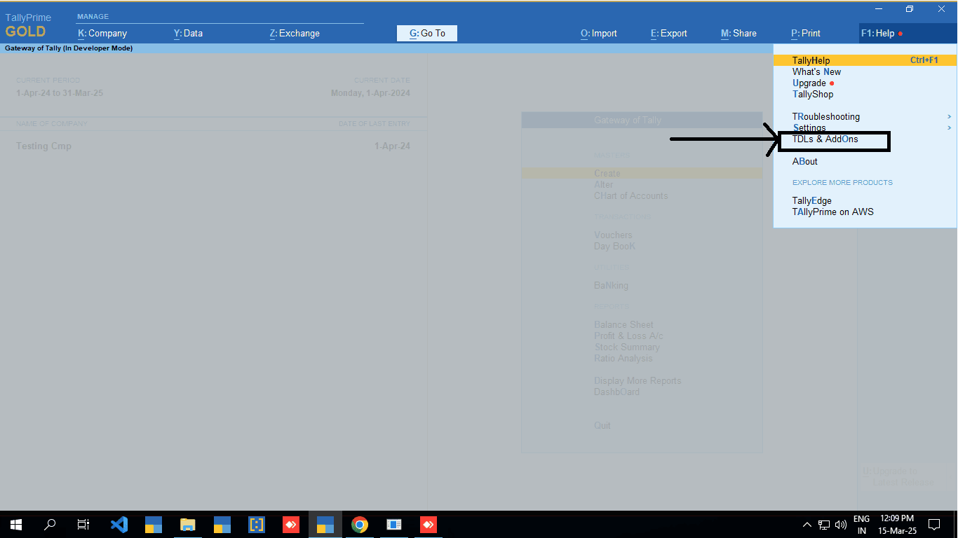 The F1: Help menu in Tally, with an arrow pointing to TDLs & AddOns.